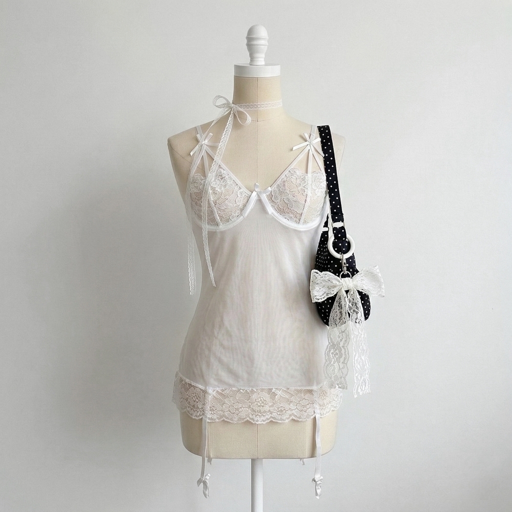 Elegant White Lace And Mesh Slip Dress/lingerie